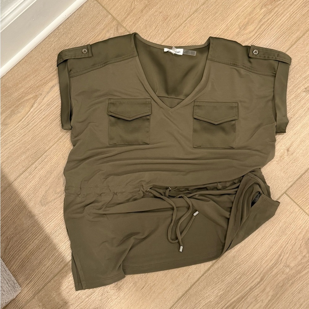 Olive Green V-Neck Top with Pockets